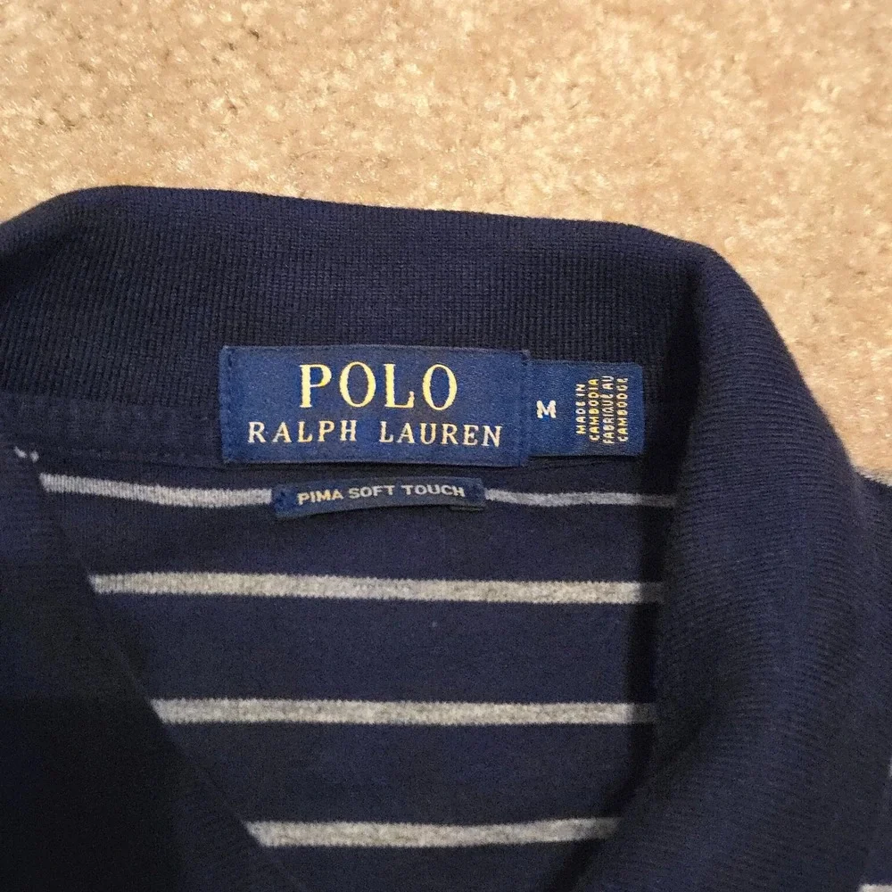 Polo Ralph Lauren Polo Shirt Mens Medium Blue Gray Striped Pima Cotton Pony Logo